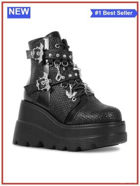 Goth Chunky Platform Ankle Boots Faux Leather Bat Buckle Zip Combat Bootie
